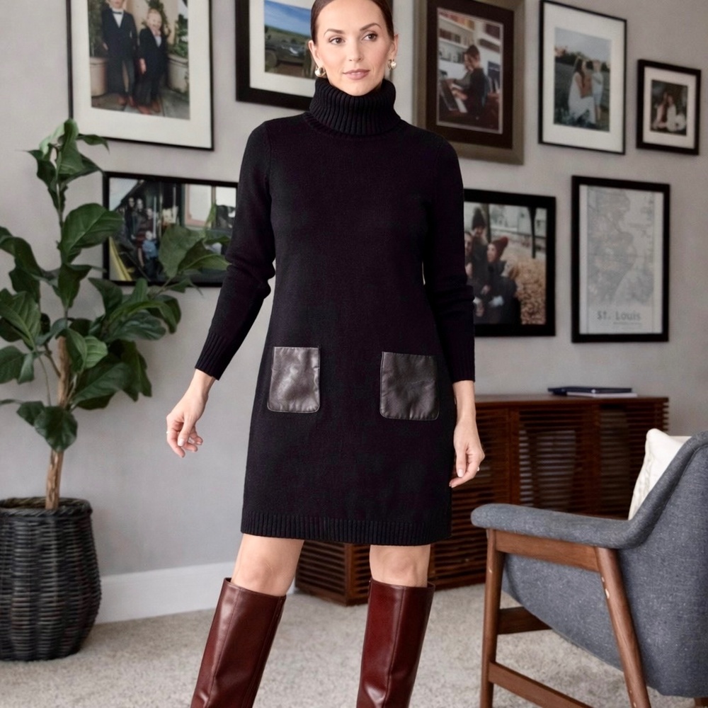 AGB M Black Knit Turtleneck Sweater Dress‎ Faux Leather Pockets